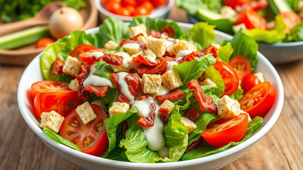 A refreshing BLT Salad with romaine lettuce, tomatoes, and bacon, topped with croutons on a wooden table.